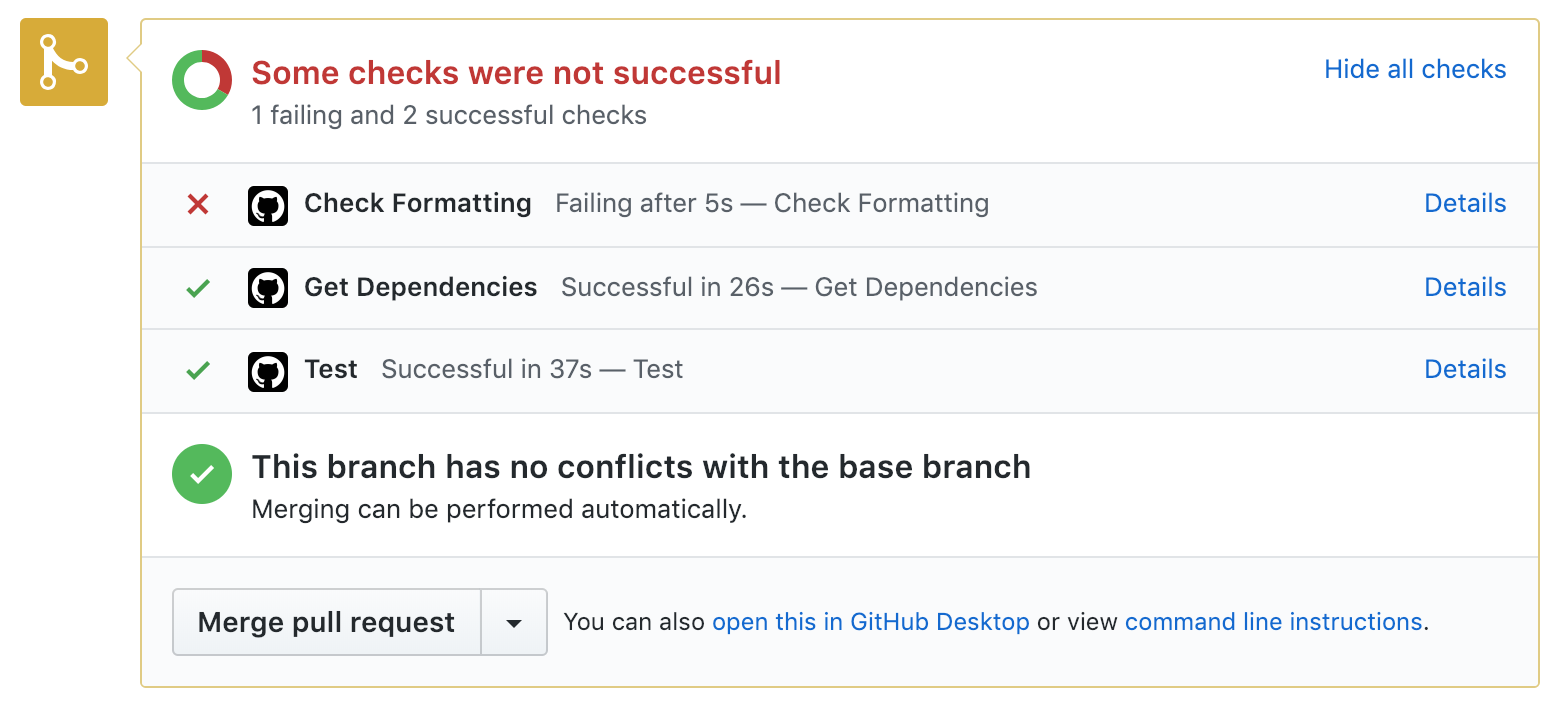 A screenshot of GitHub Actions checks showing a failed “mix format” check