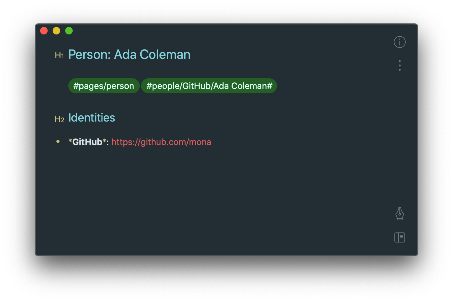 A screenshot showing a tag home page: “#people/GitHub/Ada Coleman”